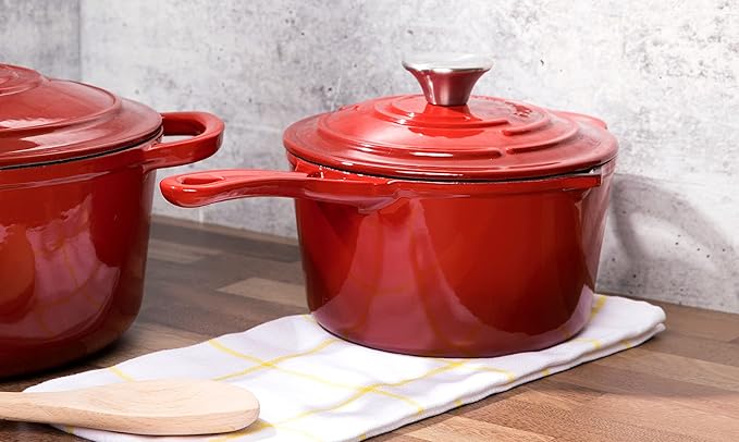 Larder & Vine 9 Piece Enameled Cast Iron Cookware Set, Oven Safe and Compatible with all Cooktops – includes 3.6 Qt Braiser, 5.7 QT and 8 QT Dutch Ovens, 10.25in Skillet and 2.2 QT Saucepan (Cabernet)