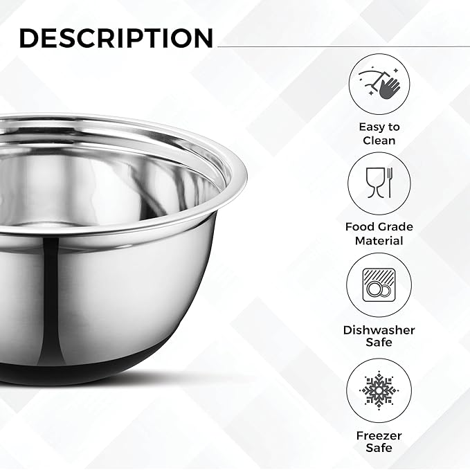 Avador Premium Stainless Steel Mixing Bowls with Lids Non-Slip, Set of 5 Mixing Bowl Set with Silicone Base, Space Saving, Great for Cooking, Baking, Prepping (0.25qt, 1qt, 1.5qt, 3qt, 5qt)