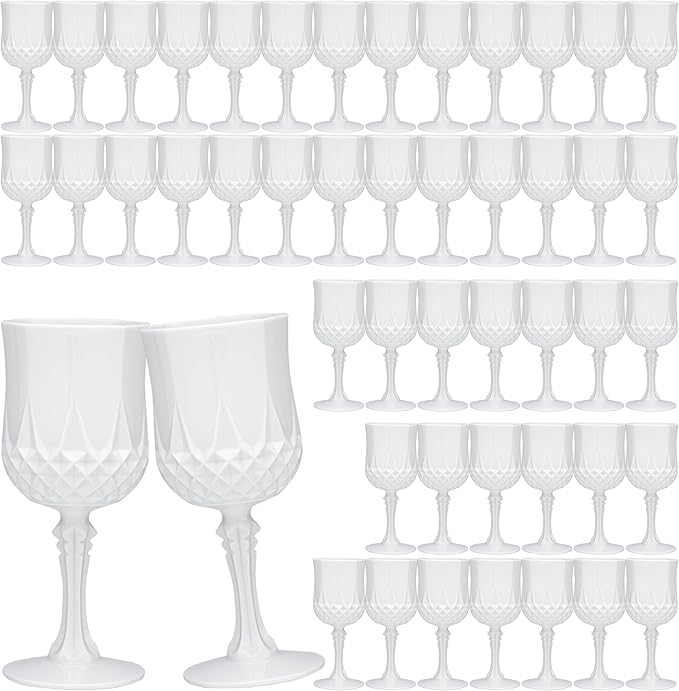 JLYLOL Plastic Vintage Wine Glasses 7OZ Plastic Goblets Vintage Drinking Glasses 48PCS Retro Wedding Glassware Water Goblets Reusable Drinking Cups for Party,Reception,Celebration,Bar,Whiskey(White)