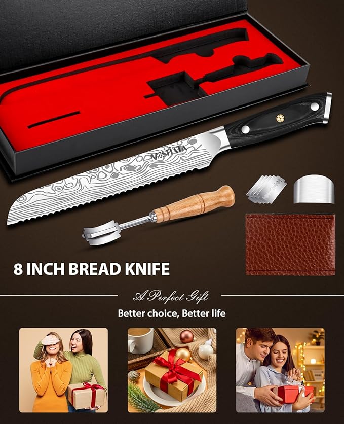 MOSFiATA Bread Knife 8” Ultra Sharp Serrated Knife, German High Carbon Stainless Steel EN1.4116 Bread Slicer with Bread Lame, Micarta Handle, For Bread, Cake, Bagels