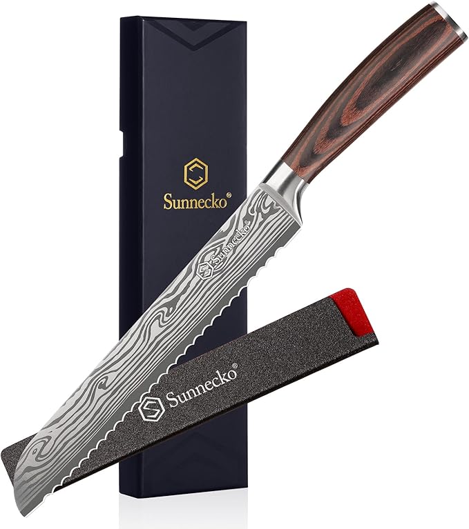 Sunnecko Bread Knife 8 Inch, High Carbon Stainless Steel Serrated Bread Knife for Homemade Bread, Wedding Cake Knife with Wooden Handle Serrated Kitchen Knife with Sheath
