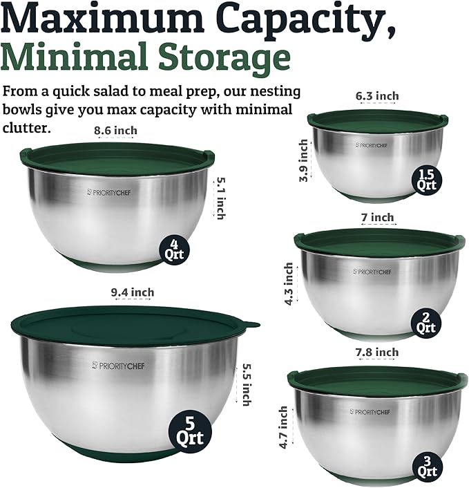 Priority Chef Stainless Steel Mixing Bowls with Lids Set, Metal Nesting Bowls with Airtight Lids, Graters, Non-Slip Base & Measurement Marks, Includes Utensil Set for Prep, Baking & Storage, Green