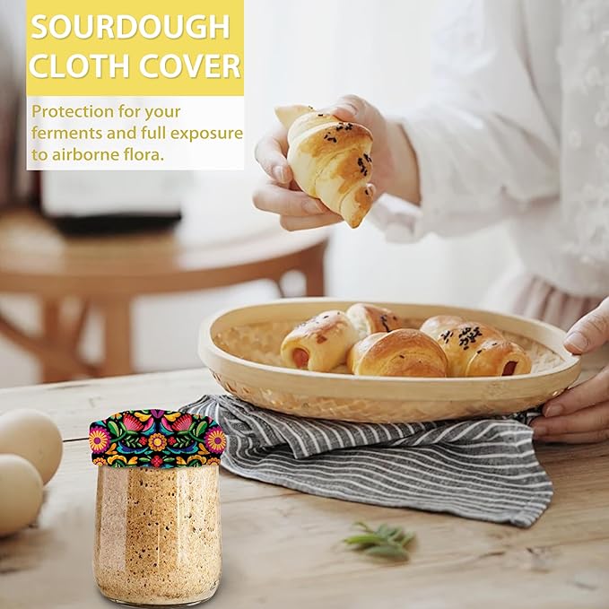 Colorful Floral Mexican Sourdough Jar Cover Reusable Cloth Lid for Sour Dough Starter Jar,5 Pack Bread Fermentation Container Tops Elastic Fabric Caps