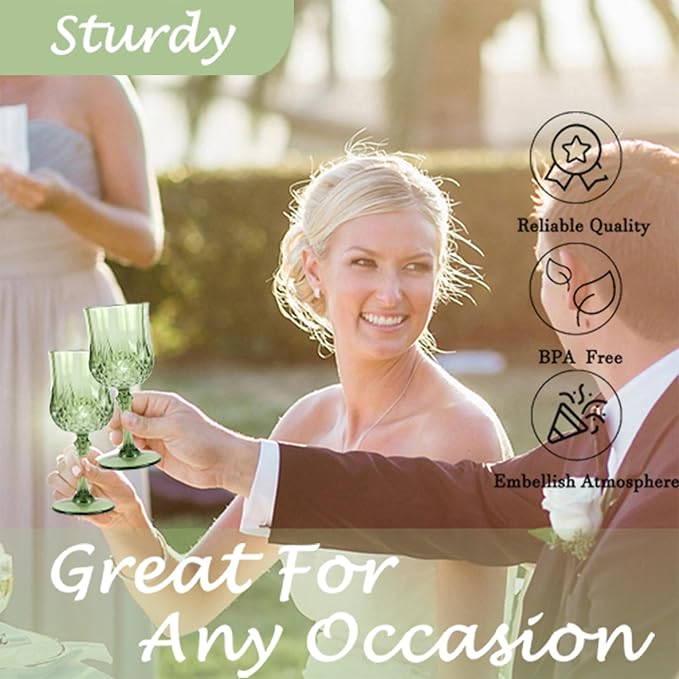 Plastic Wine Glasses，100PCS New Green Plastic Goblets Vintage Style Cordial Drinking Glasses for Wedding Reception, Grand Event Party Supplies (100, New Green)