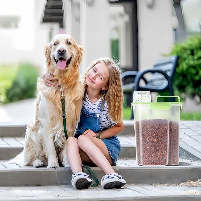 5-7Lbs/6Qt Dog Cat Storage Container Portable with Upgraded Large Spout and Cup, Plastic Pet Food Dispenser for Small Animal Kibble, Bird Seed, Oatmeal, Rice, Flour, Brown Sugart (Clear Green)