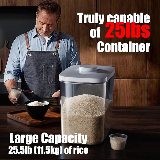 Rice Container - 25 Lbs/12KG/12L Rice Dispenser Storage with Measuring Cup Food Cereal Container Bins Pet Food Container Household for Kitchen Pantry Organization,White