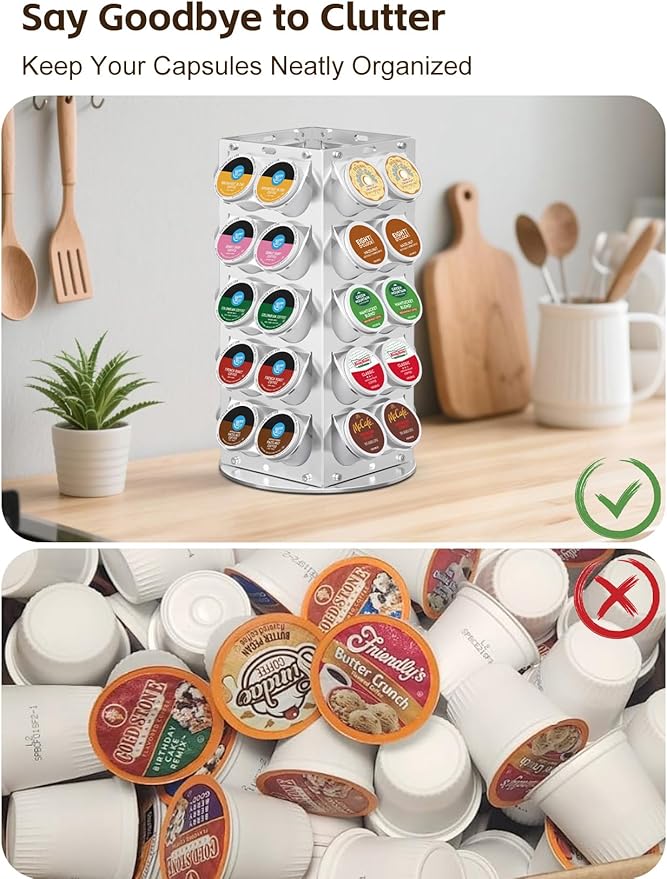 K Cup Holder, Coffee Pod Holder for Keurig – 360° Rotating Aluminum Coffee Organizer for Countertop,Saving Design with Anti-Slip Base for Kitchen or Office,Capacity of 40 Pods,Silver