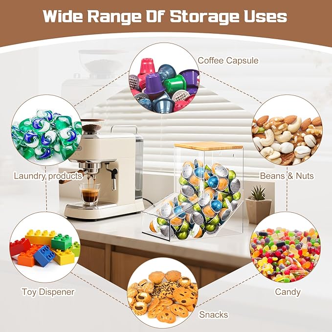 TCJJ Coffee Pod Holder With Bamboo Lid, Clear Acrylic Coffee Capsule Organizer For K Cup, 170 In³ Capacity, Can Be Placed On A Tabletop Or Mounted On A Wall, Compatible With Coffee Pod & Creamer
