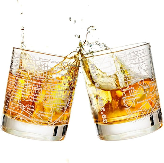Greenline Goods Whiskey Glasses - 10 Oz Tumbler Set for Baltimore lovers, Etched with Baltimore City Map Old Fashioned Rocks Glass - Set of 2