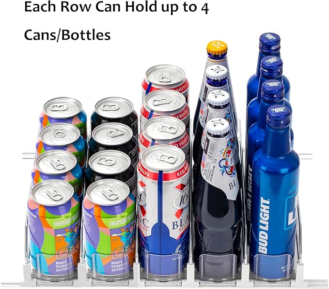 RULA Drink Organizer for Fridge, Self-Pushing Soda Can Dispenser for Mini Refrigerator, Width Adjustable Water Bottle Pusher Glide, White, 5 Rows,12.2” D