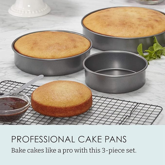 Chicago Metallic Professional 3-Piece Round Cake Pan Set of 6, 8, 10 inch Premium Nonstick Bakeware, Heavy-Weight Carbon Steel for Even Baking, Perfect for Layer Cakes