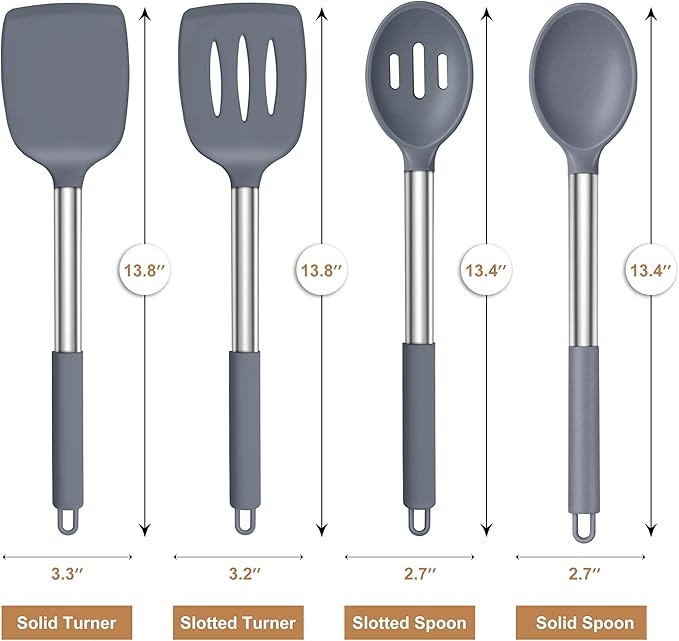 LIANYU Silicone Cooking Utensil Set, 6Pcs Heat Resistant Kitchen Utensils Set, Non-stick Stainless Steel Handle Spatula Tools, Dishwasher Safe, Grey
