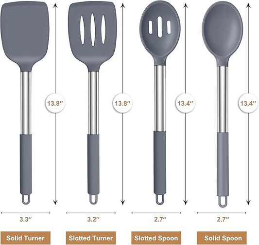 LIANYU Silicone Cooking Utensil Set, 6Pcs Heat Resistant Kitchen Utensils Set, Non-stick Stainless Steel Handle Spatula Tools, Dishwasher Safe, Grey