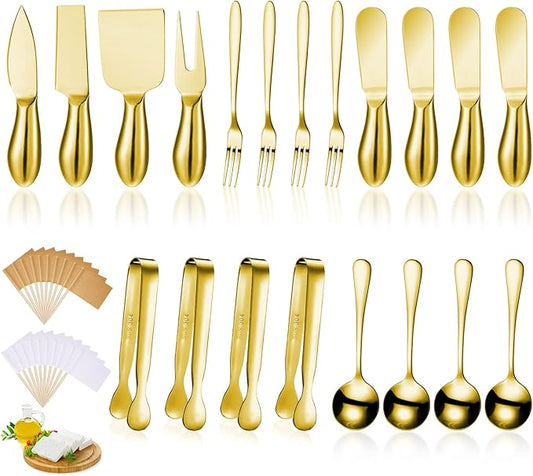 Patelai Charcuterie Board Accessories Cheese Spreader Knife Set Charcuterie Utensils Butter Knife Stainless Steel Mini Serving Tongs Spoons Appetizer Forks for Pastry Christmas(Golden,20 Pieces)