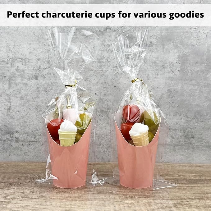 CAMKYDE 50 Sets Disposable Charcuterie Cups with Sticks and Bags, 12 oz Pink Paper Snack Appetizers Cup French Fry Holder with Cocktail Picks Toothpicks (50 Cups+50 Bags+200 Sticks)