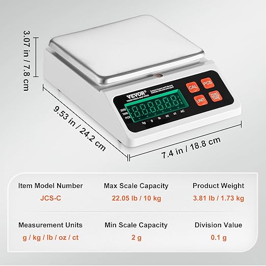 VEVOR Industrial Counting Scale, 10 kg x 0.1 g, Digital Scale for Parts and Coins, g/kg/lb/oz/ct Units, Electronic Gram Scale Inventory Counting Scale Kitchen Jewelry Counting Scale with LED Screen