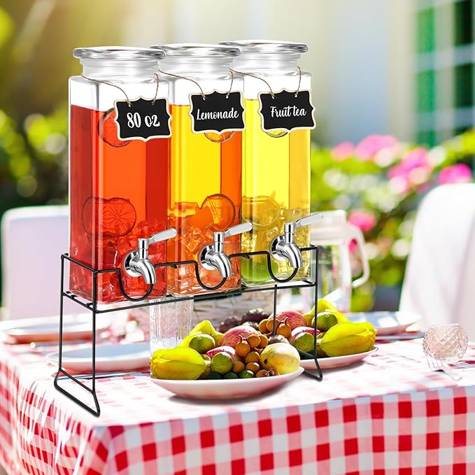 3 Pack 80 oz Tall Glass Drink Dispenser with Stand, Lid, Label and Stainless Steel Leakproof Spigot Beverage Water Dispenser Clear Mason Jar for Party Fridge(Square)