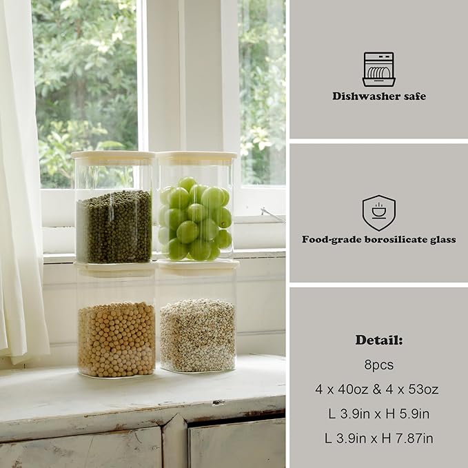 8pcs Square Pantry Glass Jars with Clear Airtight Lids Kitchen Canisters Sets for Flour, Sugar Refrigerator Safe, Available in 2 Sizes: 40oz / 54 oz, Patent Approved