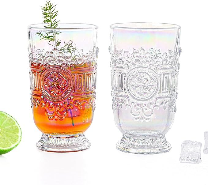 Sungmor Vintage Iridescent Tumblers - Set of 2 Embossed Glasses, 10.8 oz Decorative Drinking Cups for Water, Juice or Cocktails - Elegant Baroque Glassware for Party or Special Occasions