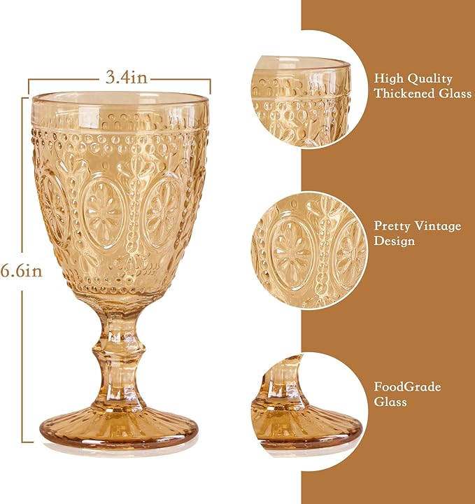 Amber Wine Glasses set of 4, Amber Goblets, Vintage Drinking Glassware, Colored Glassware Set for Party, Home & Wedding