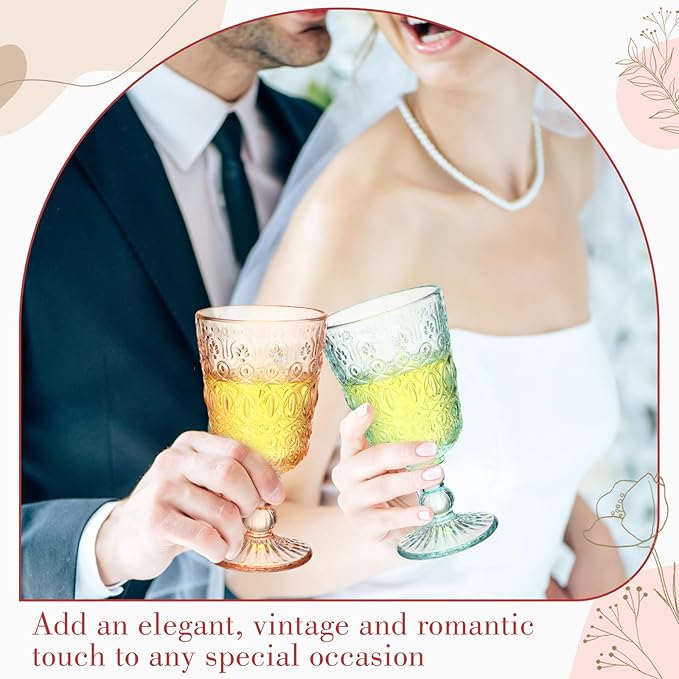 Eaasty Wine Glasses Set of 6 Vintage Goblet 9 oz Vintage Colored Glass Goblet Beverage Stemmed Glass Cups Romantic Embossed Glassware for Wedding Party Holidays Anniversary (Multi Colors)