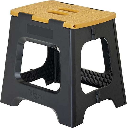 Vigar Compact Step Stool Foldable, 12-1/2-inch Step Stools for Adults up to 330 Pound, Lightweight Stool, Non-Slip Folding Step Stool, Black, Bamboo Print on Top