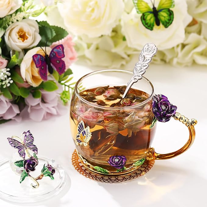 Nuanchu 4 Sets Flower Glass Tea Cups with Lids and Spoon Butterfly Vintage Glass Coffee Mugs Floral Fancy Clear Teacup for Christmas Women Mom Wife Girlfriend(Pink, Purple, Blue, Red,11 Oz,12 oz)