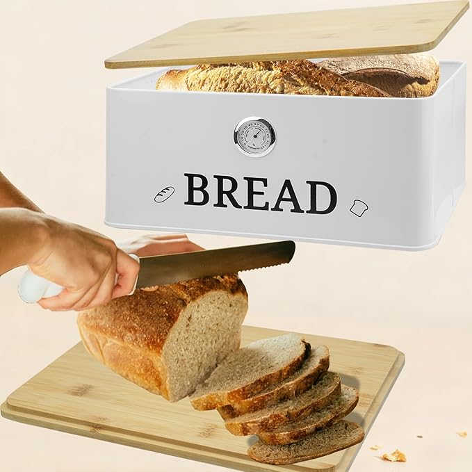 White Bread Box for Kitchen Countertop with Bamboo lid, Hygrometer Kitchen Organizer for Sourdough, Buns, and Loaves, Bread Storage Container