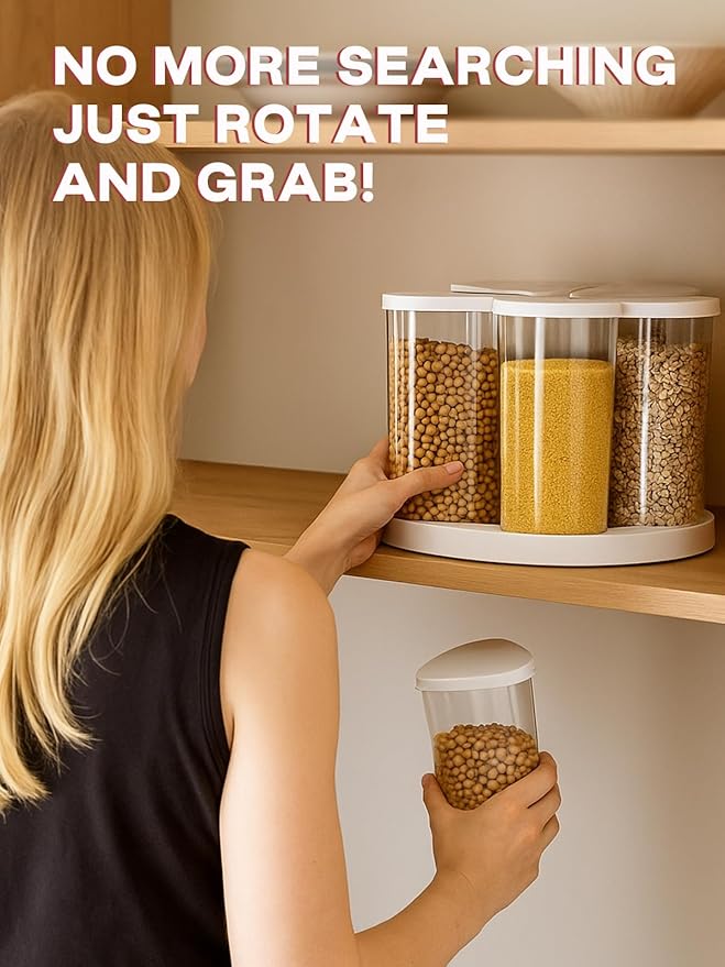 LivLab Mker 5-10 lbs Rice Dispenser - Rotating Cereal dispenser countertop for Pantry - Small Food Storage Containers with Lids, BPA-Free PET Grain Canister Sets 6 Grids, for Oats, Corn Flakes, flour