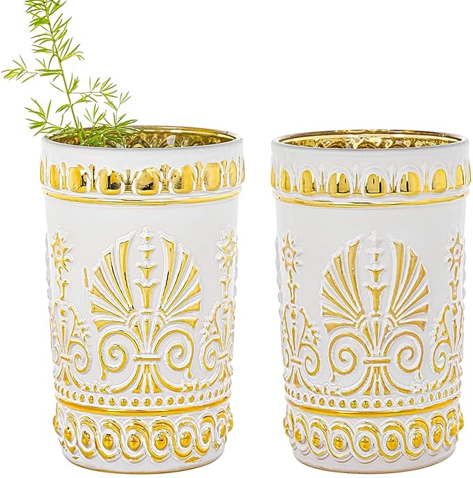 Sungmor Vintage White and Gold Tumblers - Set of 2 Embossed Glasses, 10.8 oz Decorative Drinking Cups for Water, Juice or Cocktails - Elegant Baroque Glassware for Party or Special Occasions