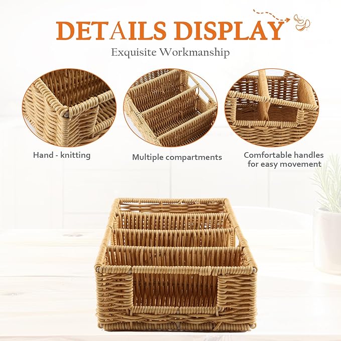 Pantry Snack Organizers and Storage Box,Handwoven Wicker Basket with 4 Compartments Seasoning Packet Organizer,Remote Control Holder,Kitchen Cabinet Organization Bin for Tea Bags,Medicine