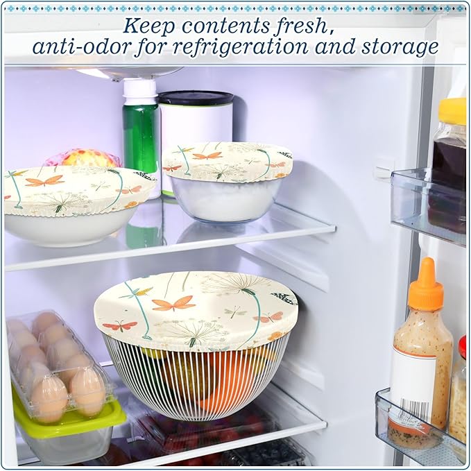 5 Pcs Bowl Covers Reusable in 5 Size Elastic Food Cover Cloth Lids Fresh Keeping Dish Cookware Bakeware Fabric Covers Lids for Food Leftovers Fruits Storage Dandelion Flowers and Dragonfly