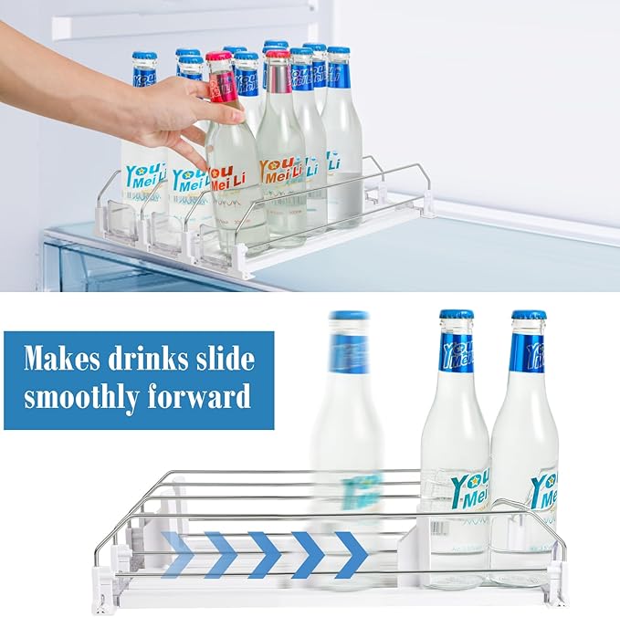asika Drink Organizer for Fridge, Adjustable Width Soda Can Dispenser for Refrigerator Organizers and Storage, 3 Rows Beer Bottle Beverage Holder with Pusher Glide (14.96" D, White)