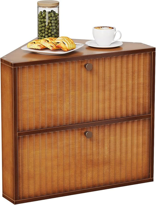 Corner Bread Box for Kitchen Countertop Bamboo Two Layer Large Capacity Bread Storage Bin Vintage Storage for Homemade Bread (Brown)
