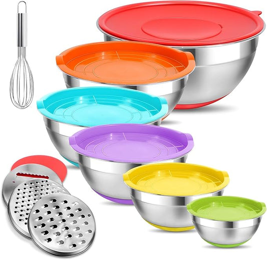 Mixing Bowls with Lids Set,10pcs Stainless Steel Mixing Bowls with Graters and Egg Whisk &Non-Slip Bottoms Food Prep Nesting Bowls for Baking, Cooking, Meal Storage(1.2QT-5.5QT)
