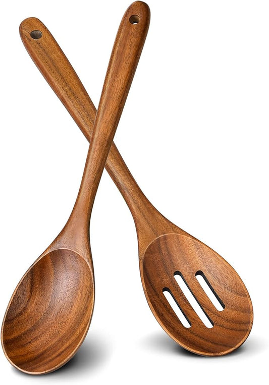 2Pcs Wooden Spoons for Cooking, Natural Premium Teak Wooden Spoon & Slotted Spoon, Good Grip Large Cooking Spoons Spatula, Heat Resistant Wooden Kitchen Cooking Utensils Set for Nonstick Cookware