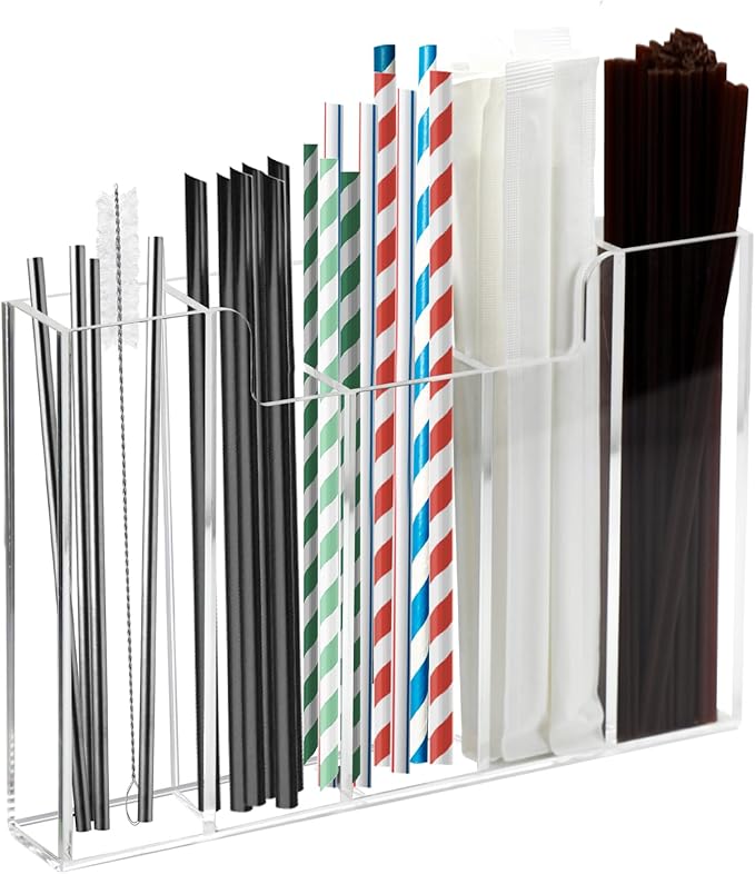 Weiai Acrylic Straw Organizer Holder for Counter Cabinet, 5 Slot Straw Dispenser with 2 Installation Methods for Kitchen Café Bar, Clear