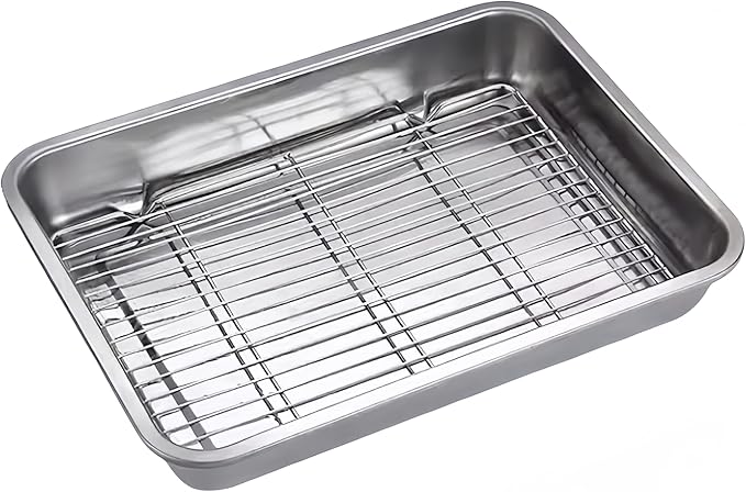 Roasting Pan Heavy Duty Stainless steel Turkey Pans for Oven,Toaster Oven Tray Pans with cooling rack,Hotel Pan, Barbeque Grill Pan,Deep Edge,Mirror treatment, Dishwasher Safe (15.5"x11.6"x2.8")