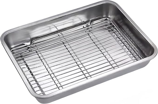 Roasting Pan Heavy Duty Stainless steel Turkey Pans for Oven,Toaster Oven Tray Pans with cooling rack,Hotel Pan, Barbeque Grill Pan,Deep Edge,Mirror treatment, Dishwasher Safe (15.5"x11.6"x2.8")