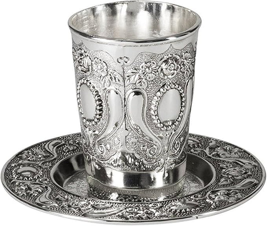 Ner Mitzvah Kiddush Cup and Tray - Premium Quality Nickel Plated Wine Cup - For Shabbat and Havdalah - Judaica Shabbos and Holiday Gift