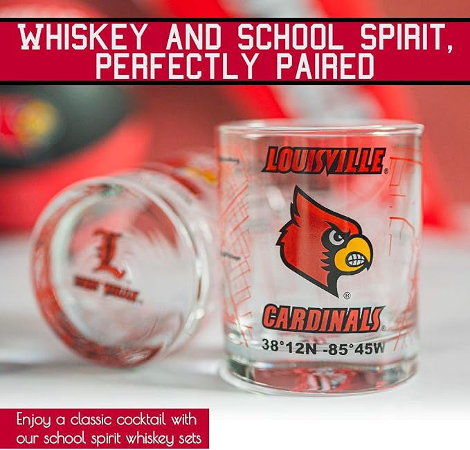 Greenline Goods – University of Louisville Cardinals College Whiskey Glasses (Set of 2), 10 oz – Full-Color Logo + Campus Map