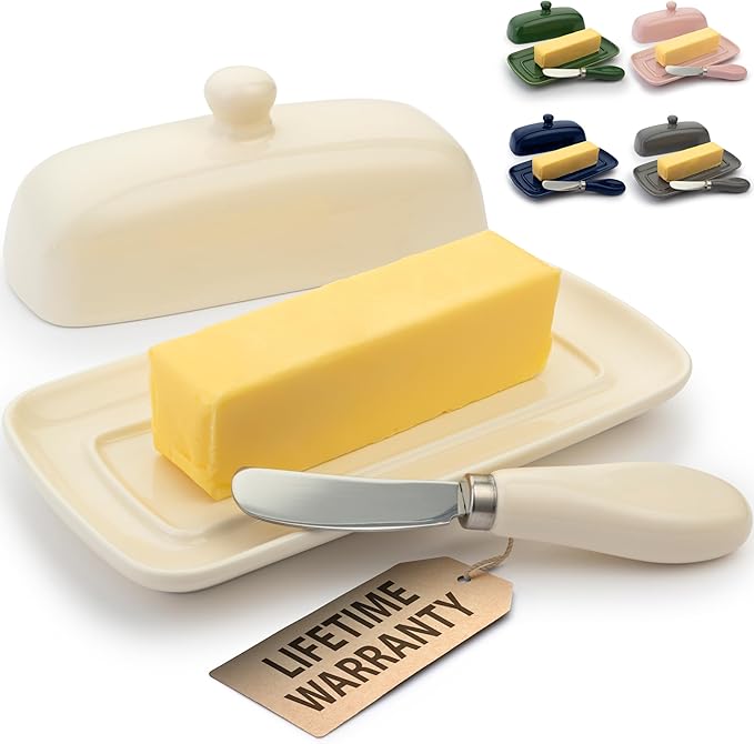 Zulay Butter Dish With Lid For Countertop - Porcelain White, Ceramic Butter Dish with Knob Handle Great for Cooking - Elegant Design Butter Holder - Durable & Sturdy Butter Keeper - Ivory