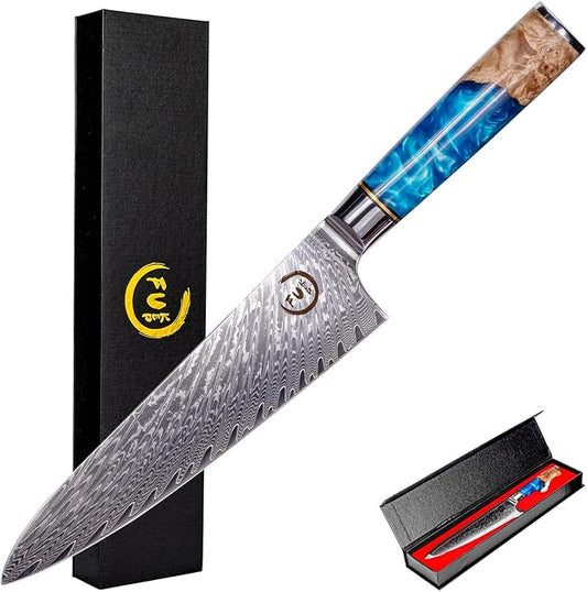 Chef Knife 8 inch, Damascus Chef Knife Japanese VG10 Core Steel with 66-Layers High Carbon Professional Sharp Chefs Knife 8" Blade Ergonomic Beautiful Blue Resin Handle Gift Boxed