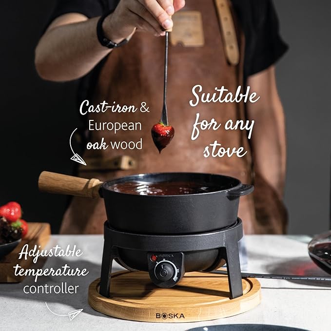 BOSKA Electric Fondue Set Pro/For Cheese, Chocolate and Broth Fondue / 8 people/Robust Cast-Iron/High Quality Materials/Splash Guard Included/Extra-long Cord/Black