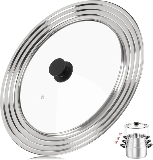 Pan Lid Fits 11, 12 & 13 Inch Cookware, Universal Lid for Pots, Pans and Skillets,Replacement Frying Pan Cover with Tempered Glass Top, Stainless Steel Cast Iron Skillet Lids - Heat Resistant Handle
