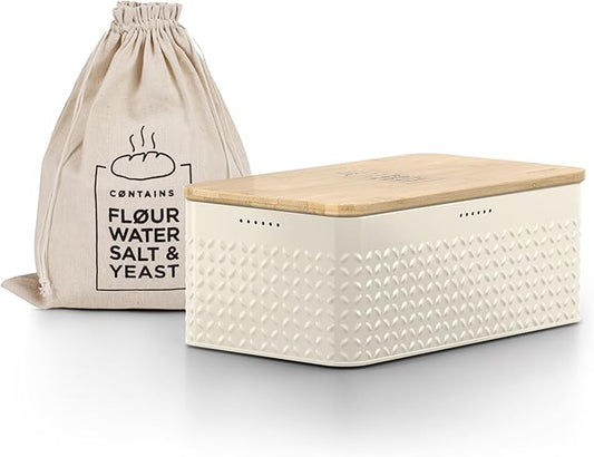 LARS NYSØM Bread Box I Metal Box with linen bag for long lasting freshness I Bread Bin with bamboo lid usable as cutting board I 13.4x7.3x5.3In (Almond Beige)