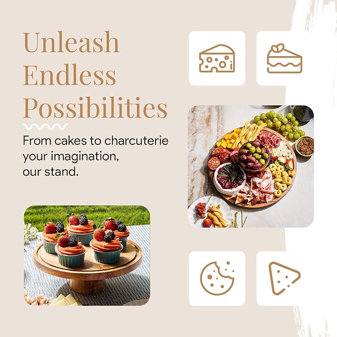 Acacia Wood Cake Stand with Lid - 12in Round Cake Holder, 2-in-1 Dessert Table Display Set & Charcuterie Board for Cheese, Chips & Dips, Nachos, Fruit Platter, Large Acrylic Cake Dome Cover