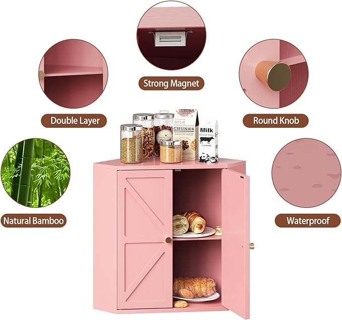 Corner Bread Box for Kitchen Counter Double Layer Bamboo Bread Storage Container Large Capacity Bread Storage Bin Farmhouse Breadbox Organizer (Pink)
