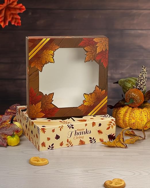 qiqee Thanksgiving Cookie Boxes with Window For Gift Giving Fall Treat Boxes 10x10x2.5 inch 30Packs Pie Donut Bakery Box