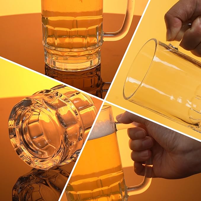 20 OZ Beer Stein Mugs, German Clear Large Tall Beer Glasses With Handle for Men, Vertical Bar Mug Set of 2